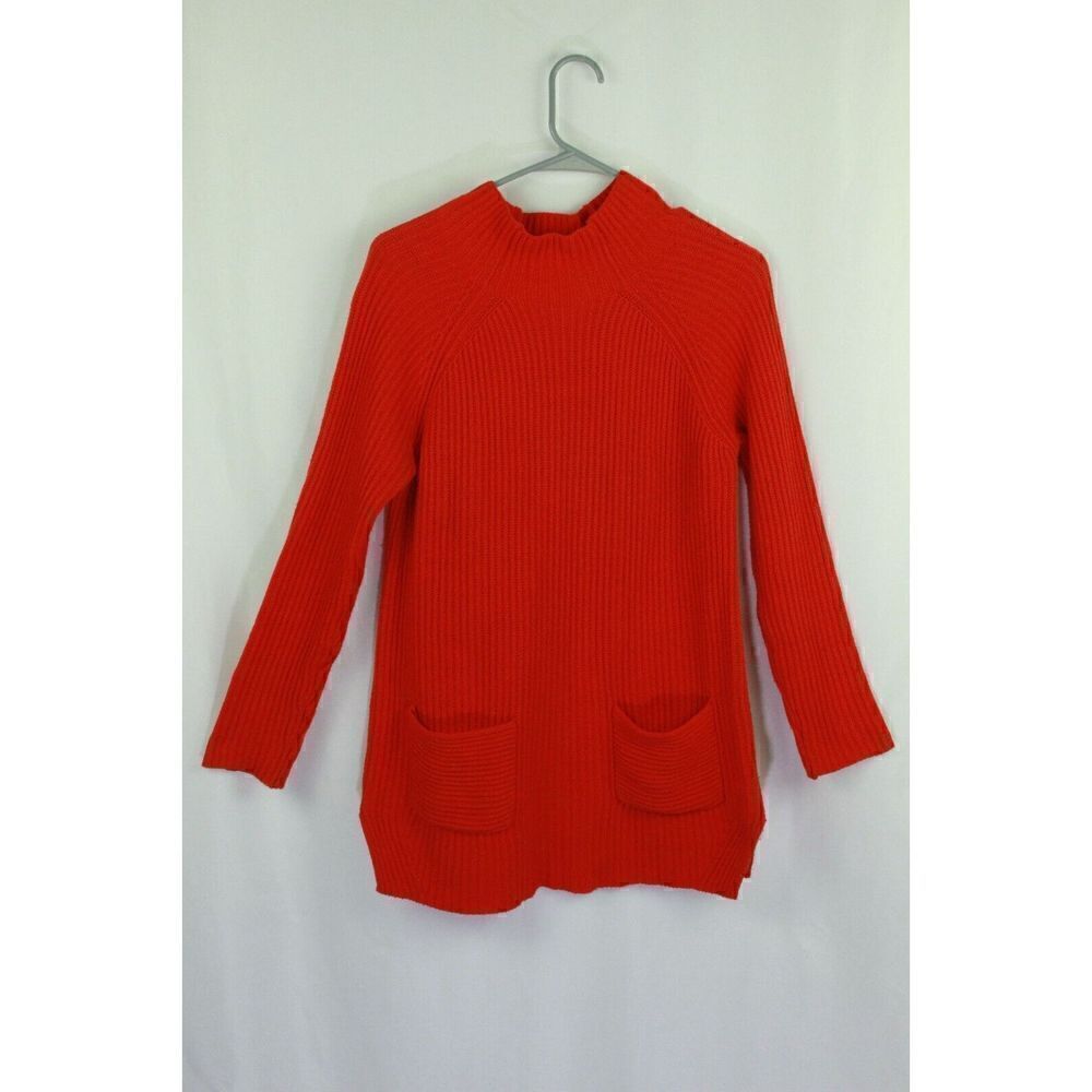Chaus Sweater Tunic Pockets Ribbed Knit Cotton Blend Orange Red Womens Small